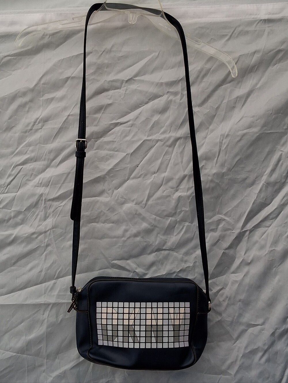 DKNY Navy Blue Leather Mosaic Pixel Grid Logo Crossbody Camera Bag